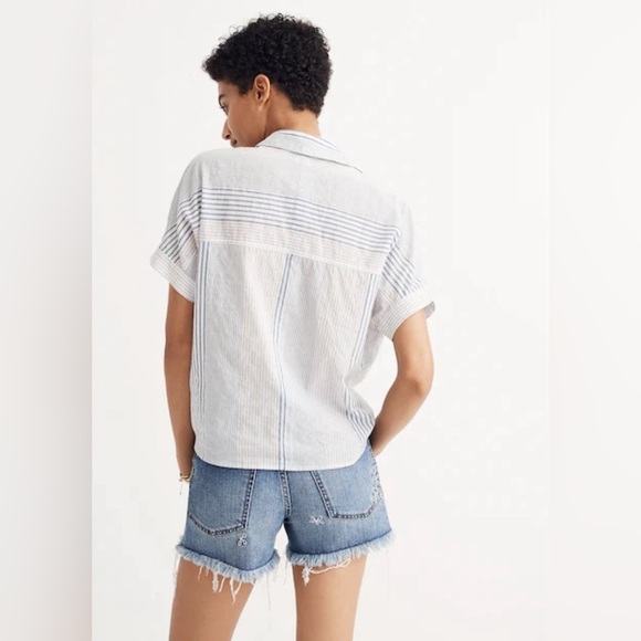 MADEWELL Short-Sleeve Tie-Front Shirt in Rawley Stripe Small A46 - Picture 2 of 10